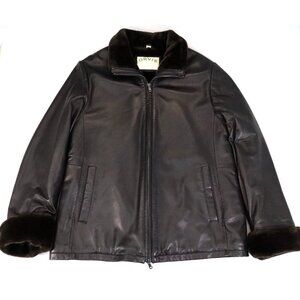 ORVIS Brown Soft Leather Faux Fur Lined Coat Womens Sz L Full Zip Smooth Collar